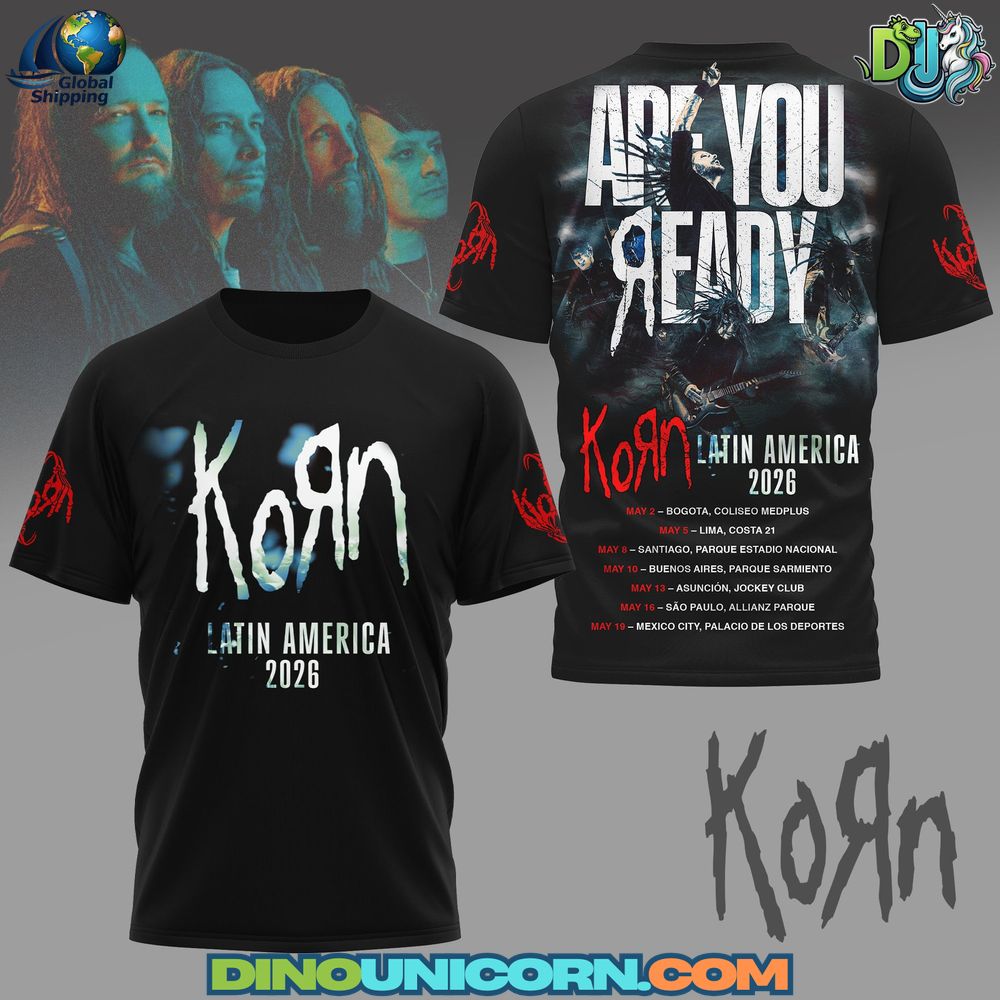 Black Korn Latin America 2026 Tour T-shirt with distressed nu-metal graphics and bold tour-inspired artwork in an aggressive rock style.