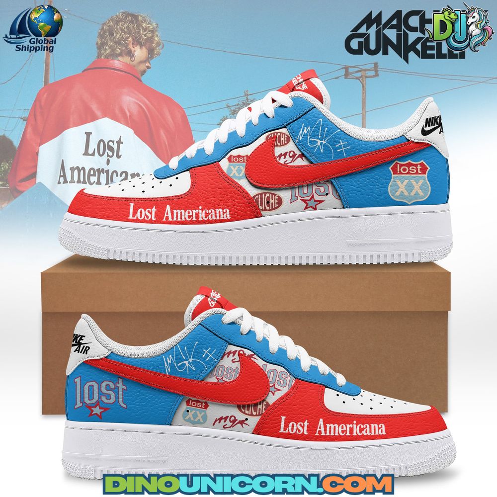 Machine Gun Kelly Lost Americana Air Force 1 Sneaker Machine Gun Kelly Lost Americana Air Force 1 sneaker featuring red, white, and blue custom design, MGK-inspired graphics, and bold punk-Americana detailing.