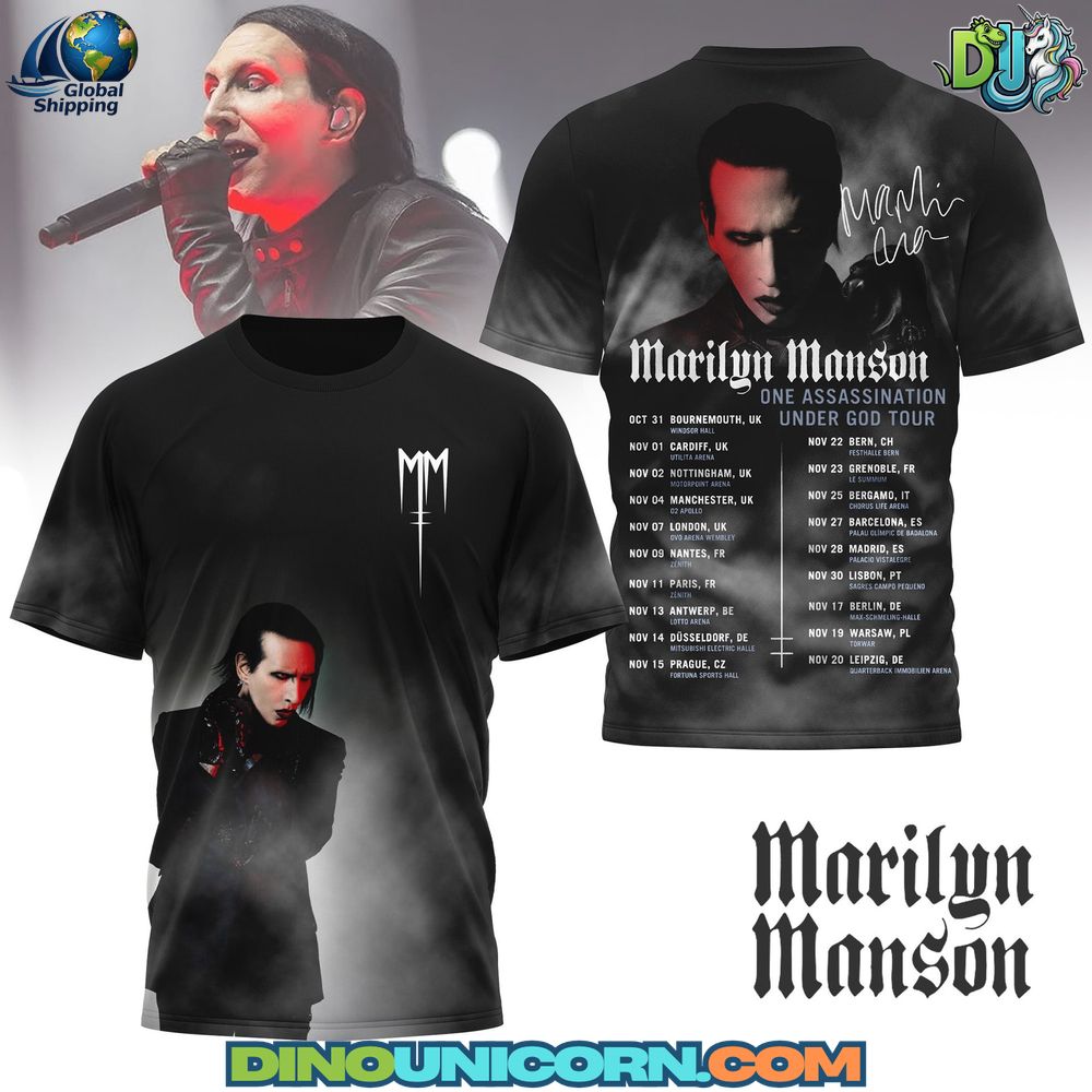 Marilyn Manson One Assassination Under God Tour Tshirt Marilyn Manson One Assassination Under God Tour T-shirt featuring dark gothic portrait, industrial metal-inspired graphics, and tour date print.