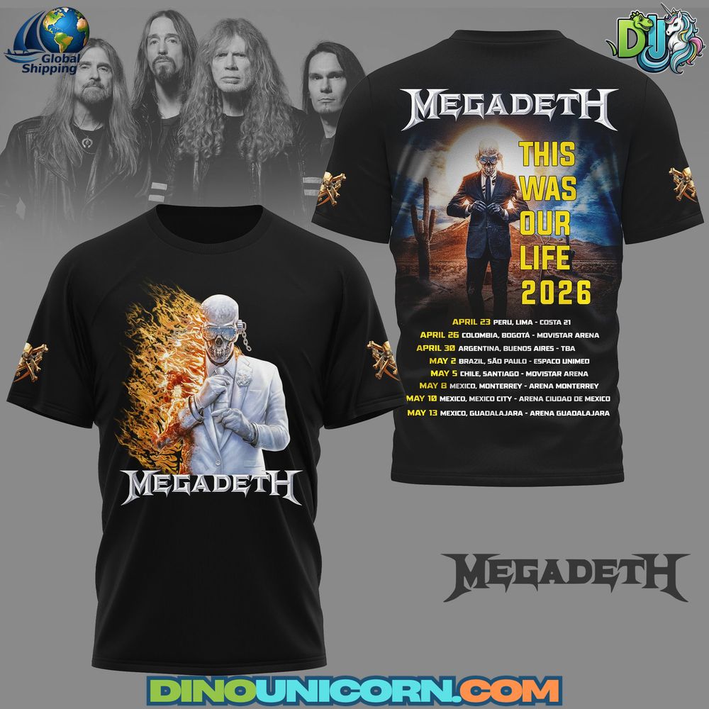 Megadeth Tshirt Black Megadeth T-shirt with flaming skull Vic Rattlehead graphic, designed as a heavy metal fan tee.