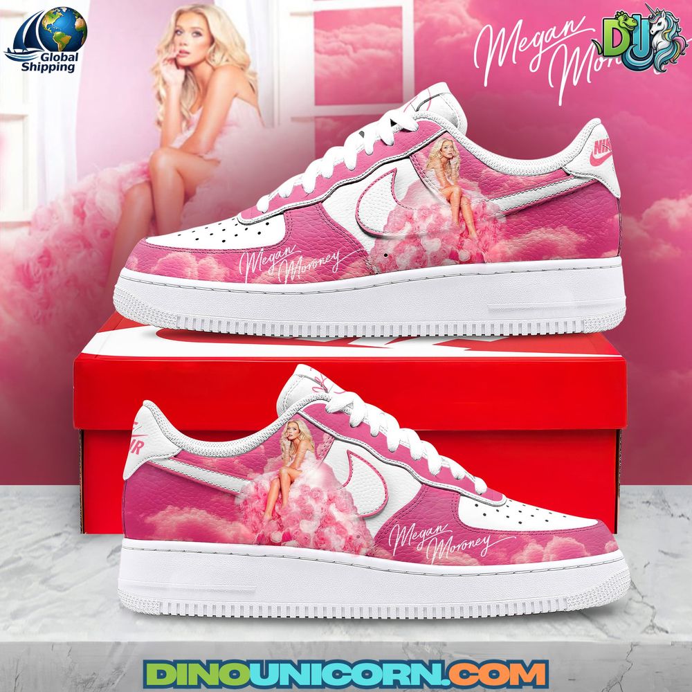 Megan Moroney Air Force 1 Sneaker Megan Moroney Air Force 1 sneaker with pink white custom design, country music inspired aesthetic, and Dinounicorn handmade streetwear style.