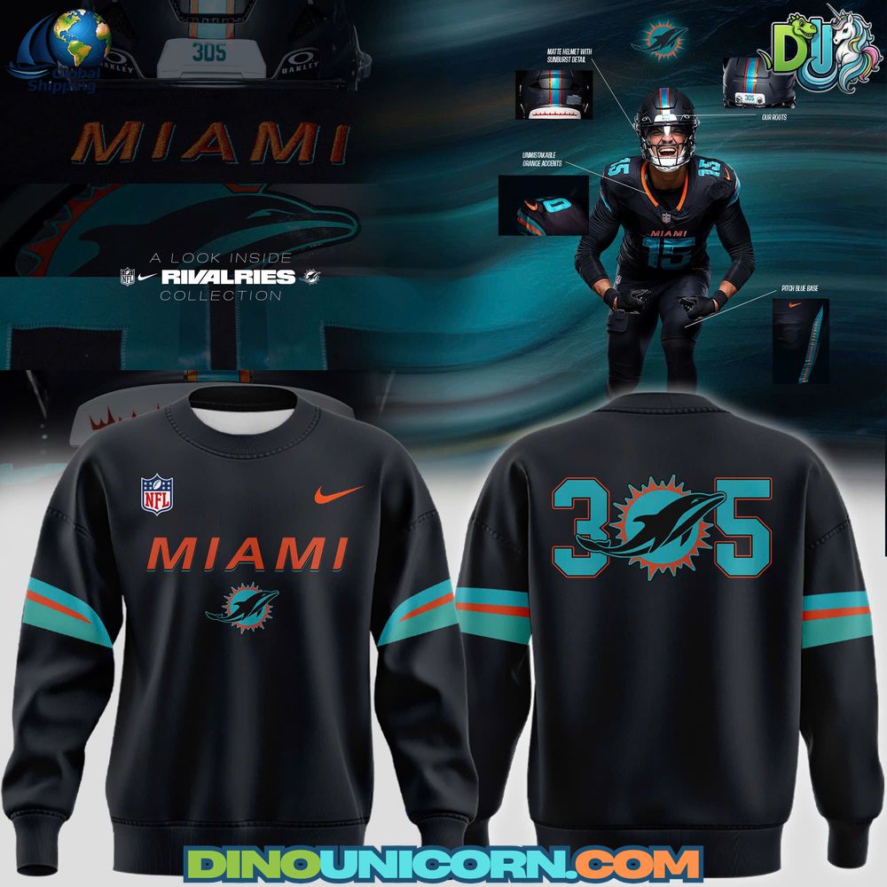 Miami Dolphins 305 Sweatshirt Miami Dolphins 305 Sweatshirt black crewneck featuring bold 305 design, Miami Dolphins logo, and premium streetwear-inspired NFL fan apparel.