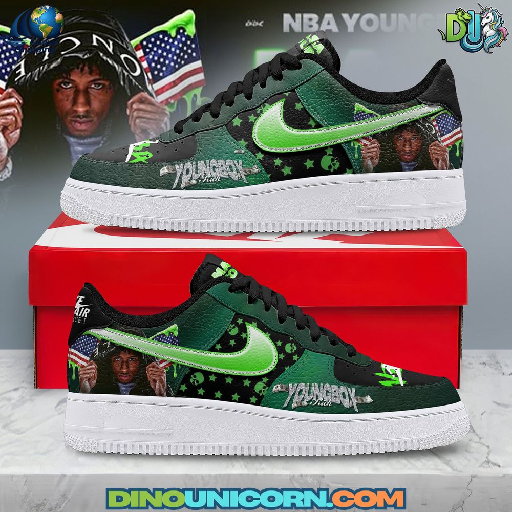 NBA YoungBoy Rapper Air Force 1 Sneaker Custom NBA YoungBoy Air Force 1 Sneaker in green and black with glow green swoosh, rapper portrait graphics, and custom AF1 panels designed for hip hop streetwear fans.