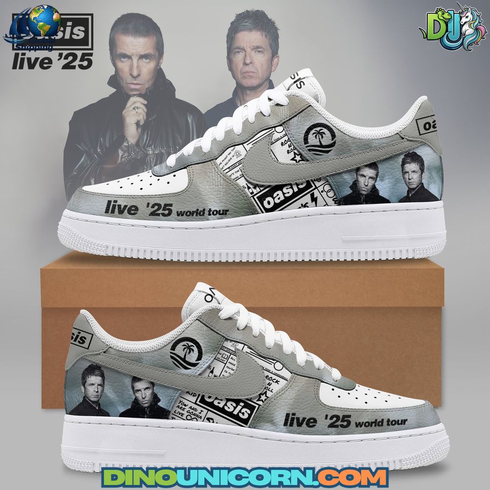 Oasis World Tour Air Force 1 Sneaker Oasis World Tour Air Force 1 sneaker featuring custom Britpop-inspired graphics and classic Oasis rock band footwear design.