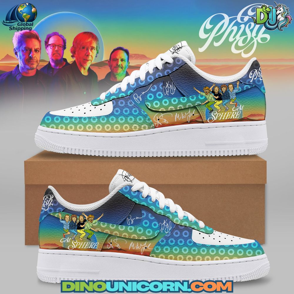 Phish At Sphere Air Force 1 Sneaker Custom Phish At Sphere Air Force 1 Sneaker with psychedelic gradients and vibrant artwork, a colorful Phish sneaker inspired by the band’s Sphere visuals.