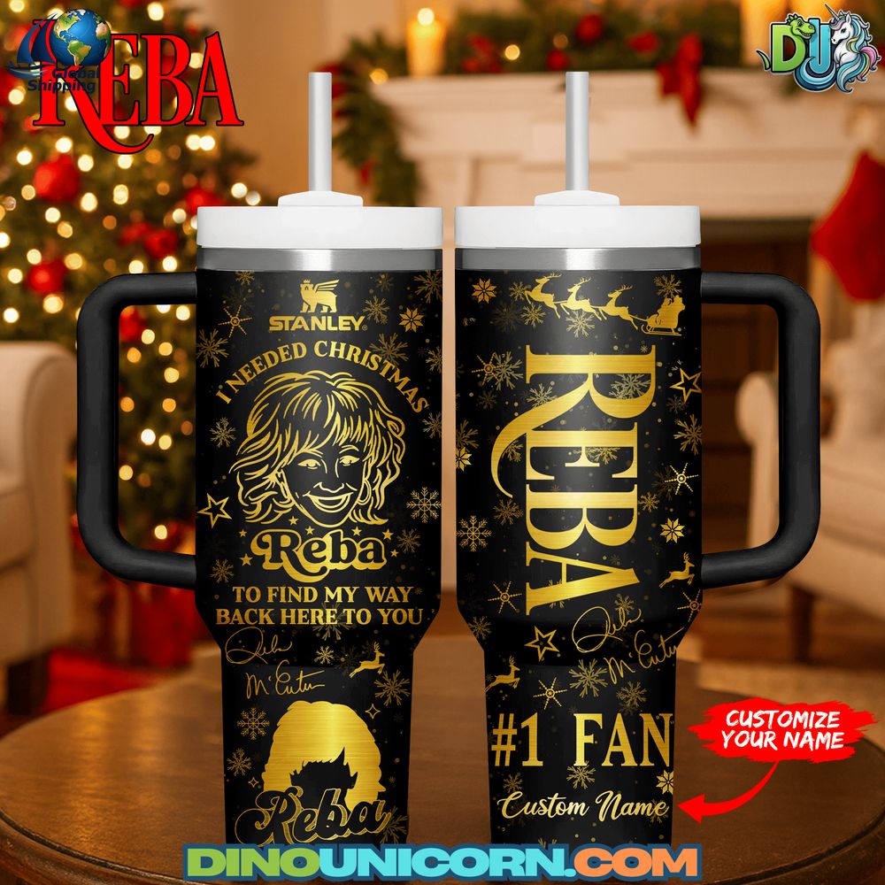 Reba McEntire Christmas Stanley Tumbler Cup in black and gold with festive snowflake accents, inspired by elegant country holiday drinkware.