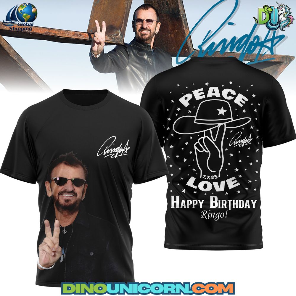 Ringo Starr Tshirt Ringo Starr T-shirt featuring peace sign art, starry black pattern, and signature print celebrating the 7.7.25 birthday tribute.
