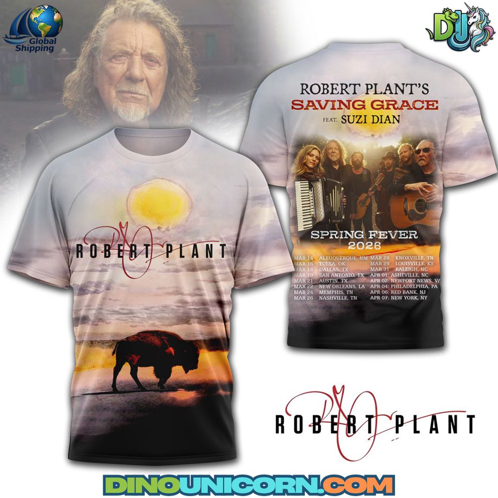 Robert Plant Spring Fever US Tour Tshirt Robert Plant Spring Fever US Tour T-shirt with sunset landscape graphic, buffalo silhouette, and signature tour typography in vintage folk-rock style.