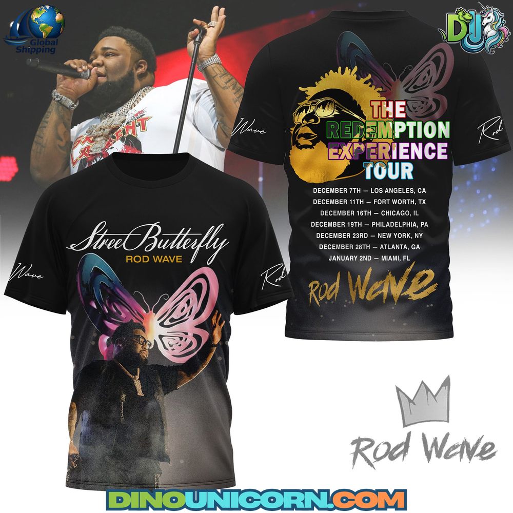 Black Rod Wave The Redemption Experience Tour T-shirt with vibrant butterfly artwork and emotional concert-inspired graphics for fans of soulful rap.