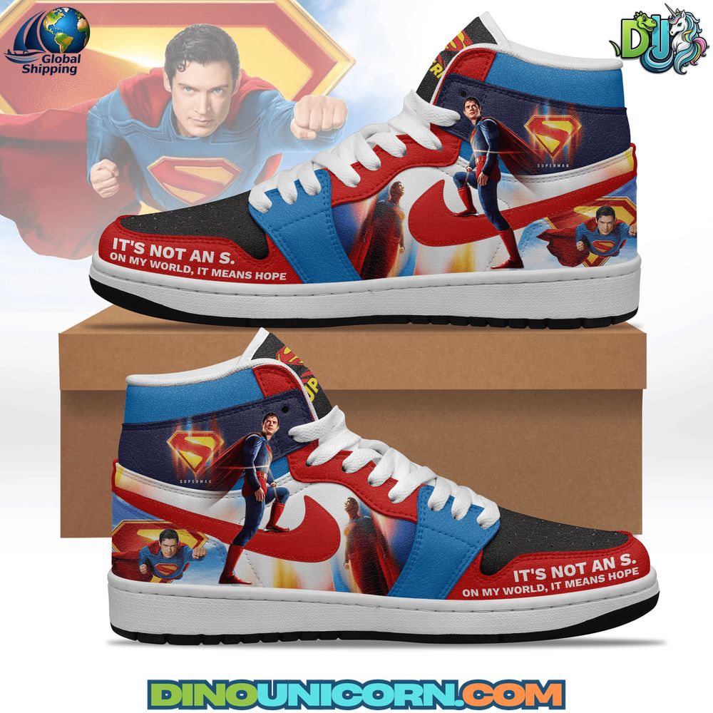 Superman Air Jordan 1 Sneaker Superman Air Jordan 1 sneaker featuring red, blue, and yellow superhero graphics with iconic Superman S-logo design.