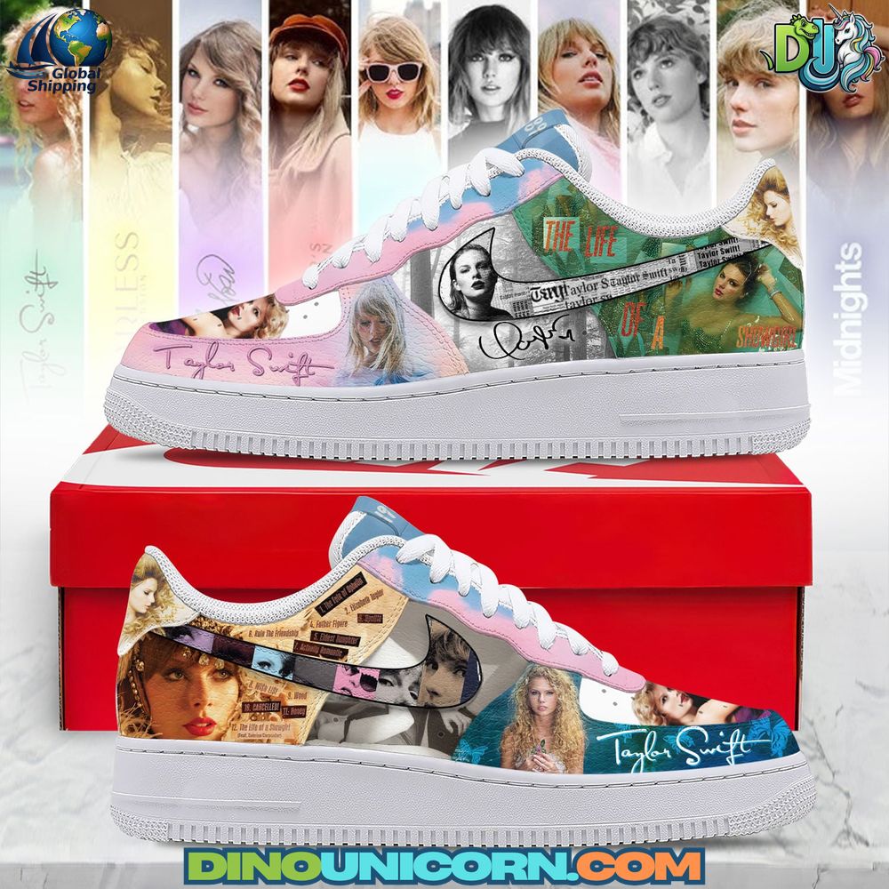 Taylor Swift The Life of a Showgirl Air Force 1 Sneaker Taylor Swift The Life of a Showgirl Air Force 1 Sneaker with pastel collage artwork featuring era imagery, a custom Taylor Swift sneaker for devoted Swifties.