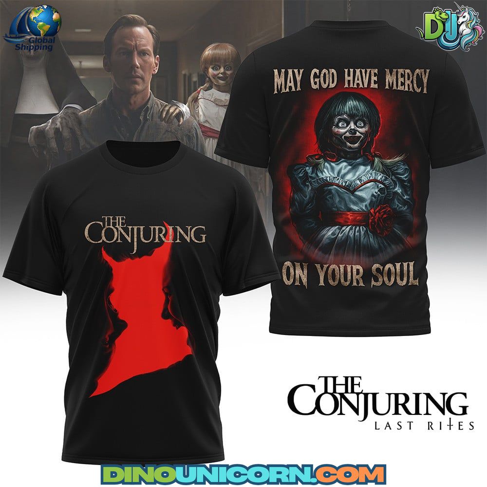 The Conjuring Last Rites Tshirt The Conjuring Last Rites T-shirt featuring haunting red and black artwork, eerie silhouette design, and Annabelle-inspired scary doll graphic.