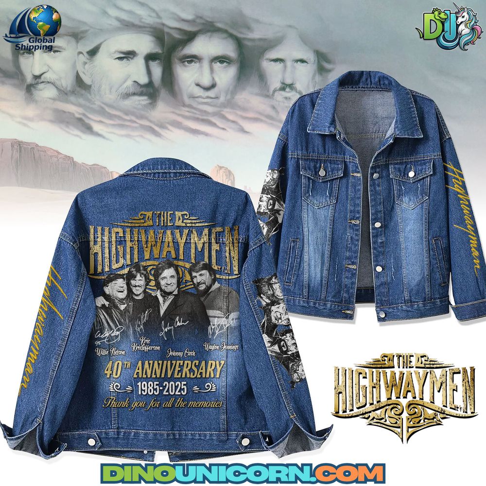 The Highwaymen Denim Jacket The Highwaymen denim jacket featuring western-style blue denim with a bold collage graphic of the band on the back, celebrating outlaw country heritage.