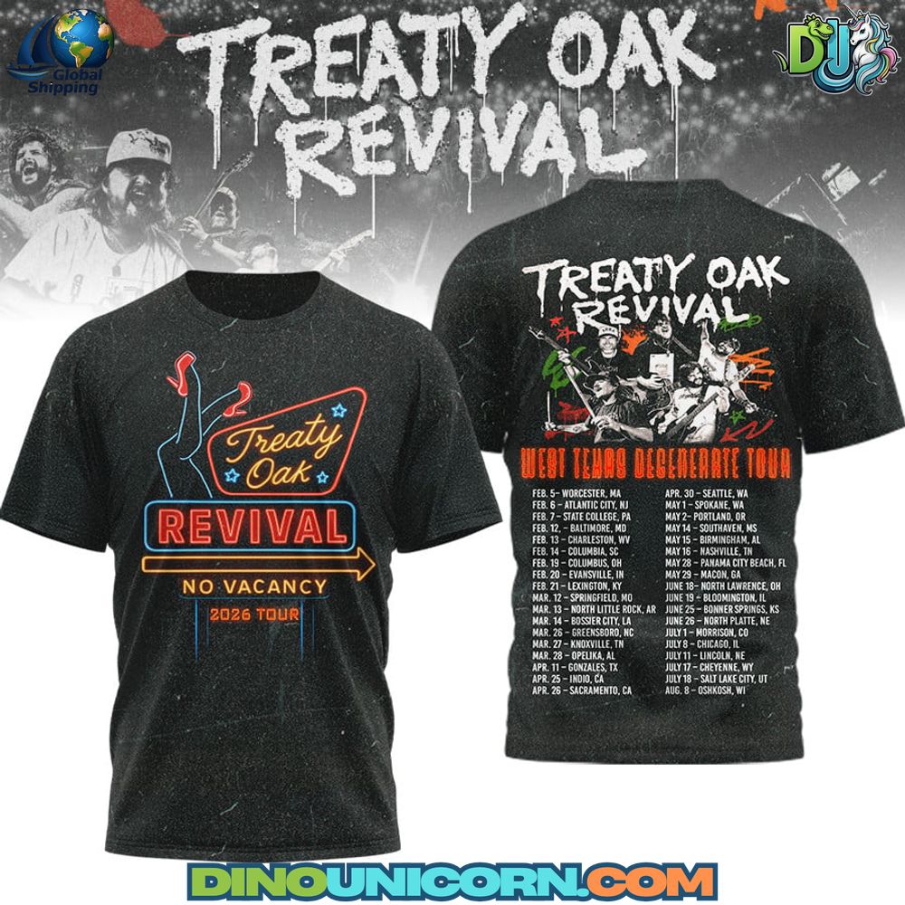 Treaty Oak Revival No Vacancy Tour Tshirt Treaty Oak Revival No Vacancy Tour T-shirt with neon motel sign artwork and tour dates back print in rugged Americana style.