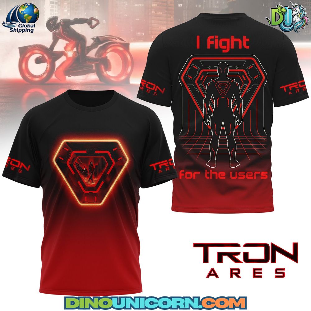 Tron Ares T-shirt with neon red circuitry, digital grid graphics, and futuristic sci-fi artwork inspired by the Tron universe.