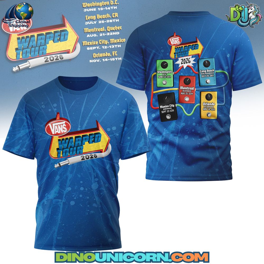 Vans Warped Tour 2026 T-shirt featuring colorful festival graphics, bright blue design, and multi-city tour map inspired by pop punk and skate culture.