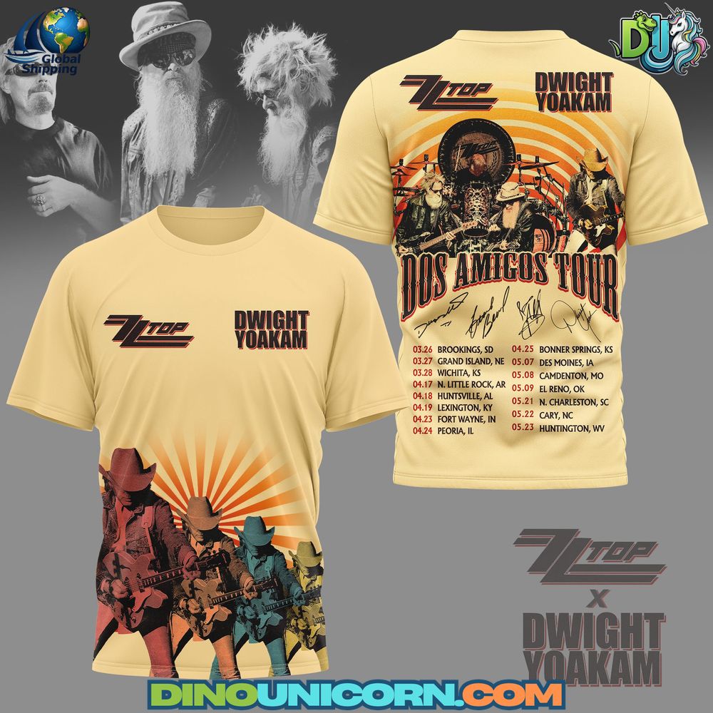 ZZ Top x Dwight Yoakam Dos Amigos Tour T-shirt featuring vintage Western graphics, country rock artwork, and collectible 2024 tour-inspired design.