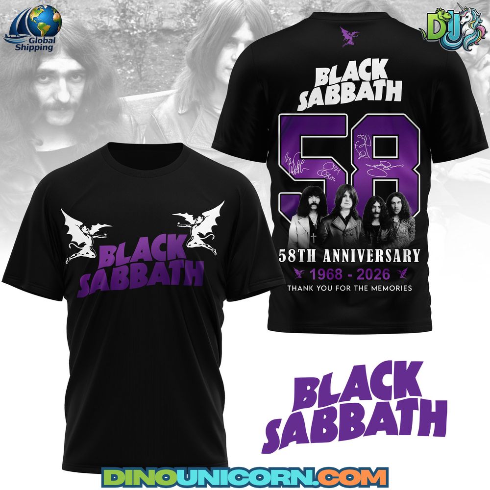 Black Sabbath 58th Anniversary Tshirt Black Sabbath 58th Anniversary t-shirt featuring classic band imagery, heavy metal aesthetic, and a tribute to 1968–2026 music history.