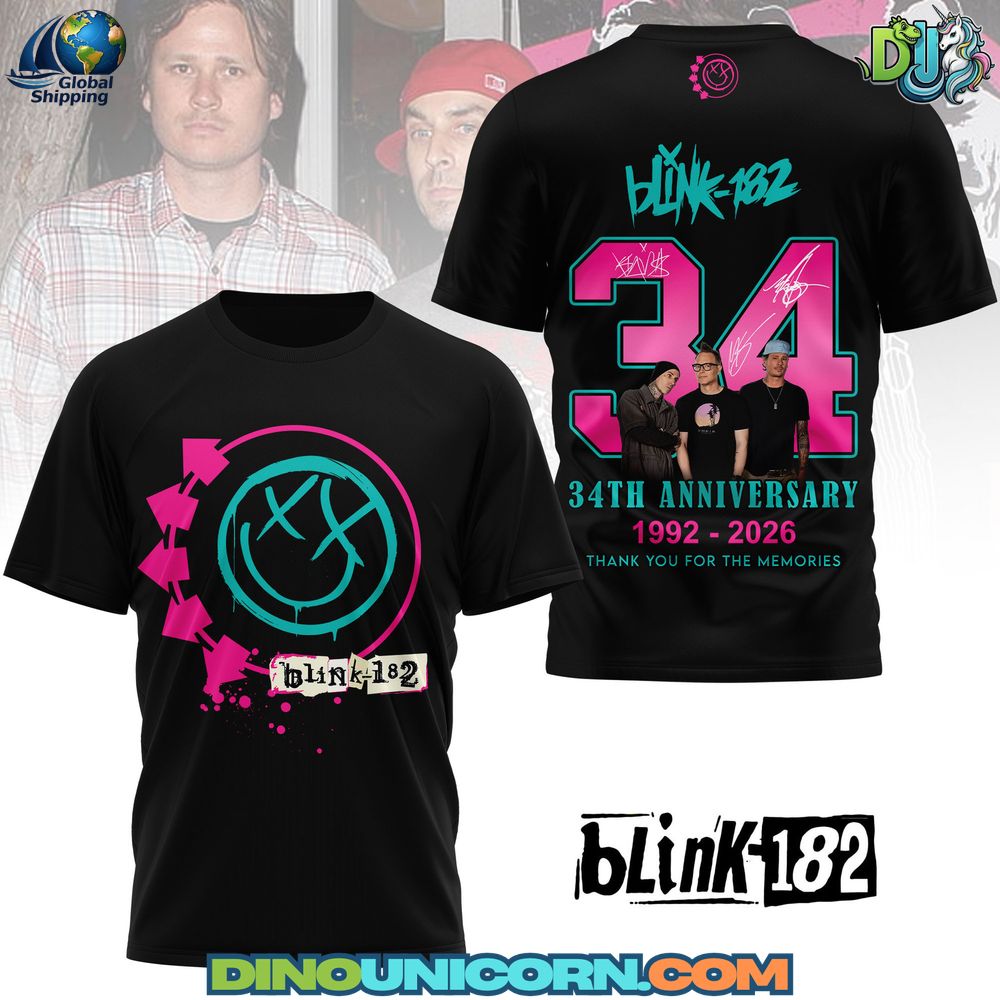 Blink182 34th Anniversary Tshirt Blink-182 34th Anniversary t-shirt featuring the iconic smiley logo, pop punk graphics, and a tribute to 1992–2026 band history.