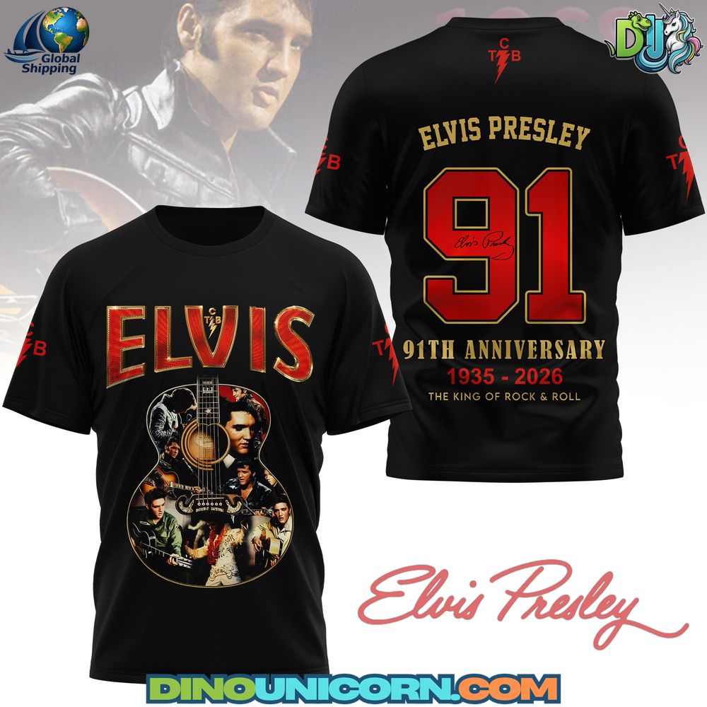 Elvis Presley 91th Anniversary Tshirt Elvis Presley 91st Anniversary t-shirt featuring vintage Elvis portrait artwork, guitar graphic, and tribute to the King of Rock and Roll from 1935–2026.