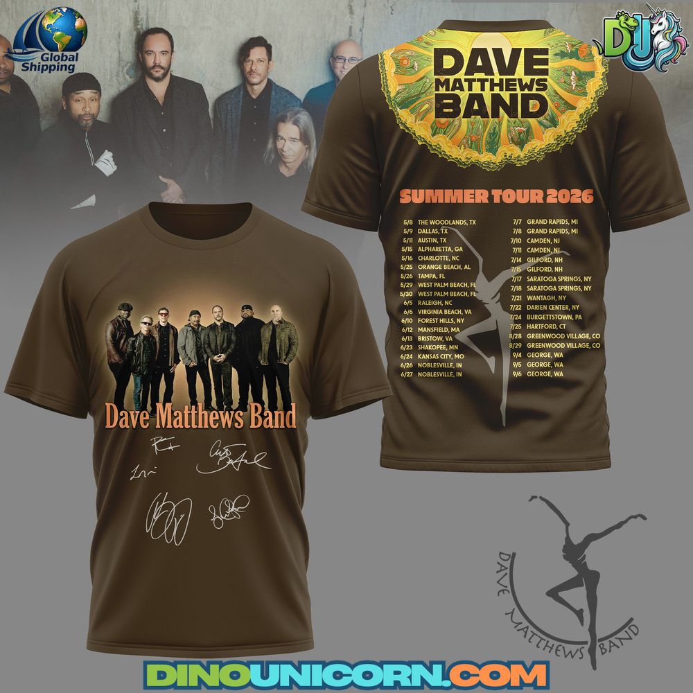 Dave Matthews Band Summer Tour 2026 Tshirt Dave Matthews Band Summer Tour 2026 t-shirt featuring band lineup graphic on front and official tour dates on back in a classic jam band concert style.